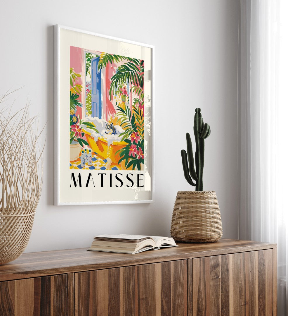 Framed wolf bath art print in colorful tropical setting – Henri Matisse style decor