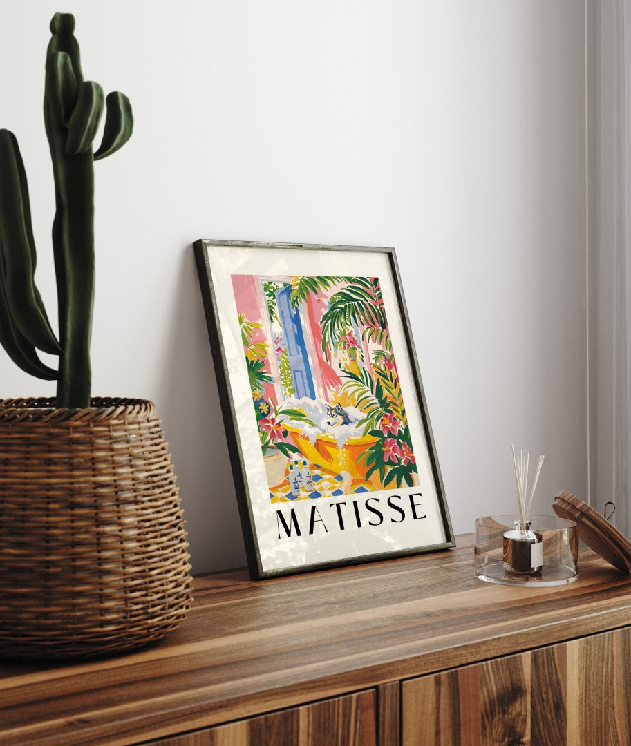 Matisse-inspired wolf in a bath surrounded by tropical plants – animal wall art print