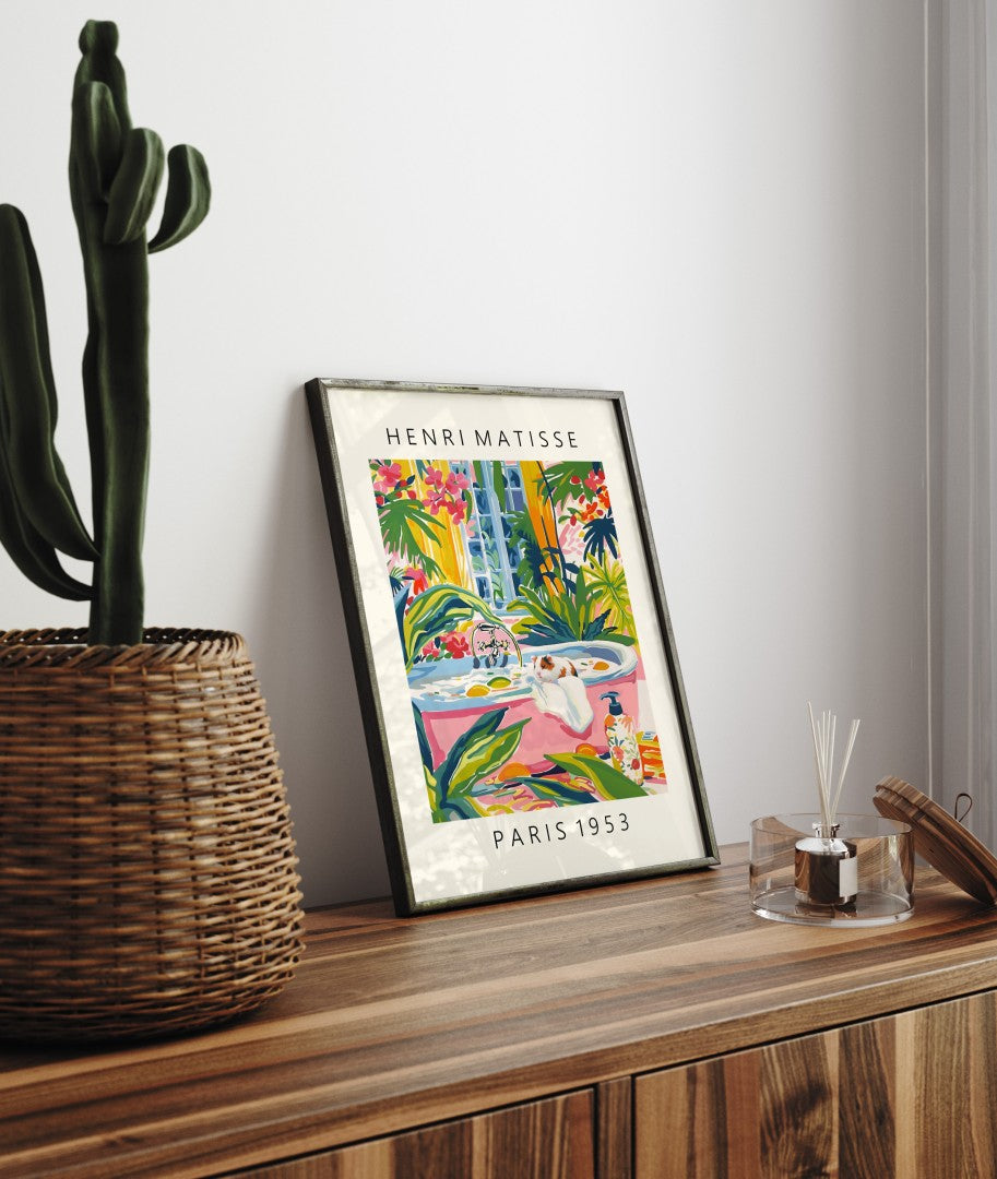 Guinea pig relaxing in bubbly bath – Matisse-inspired animal wall art print