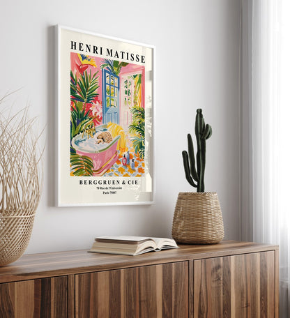 Framed Henri Matisse style animal art print with hedgehog soaking in a bubbly bath, bold and tropical print