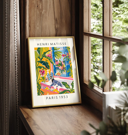 Framed art print of a lemur in a colorful bath – Henri Matisse inspired