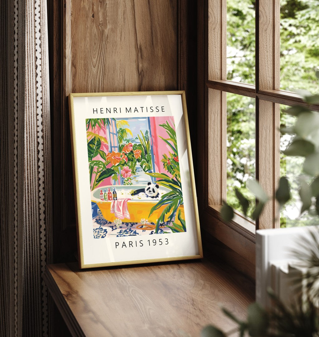 Framed Henri Matisse inspired bathroom wall art featuring a panda in a vibrant tub.