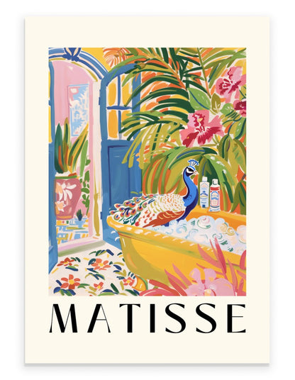 Matisse inspired art print of a peacock in a yellow bathtub surrounded by lush tropical plants and bright flowers.