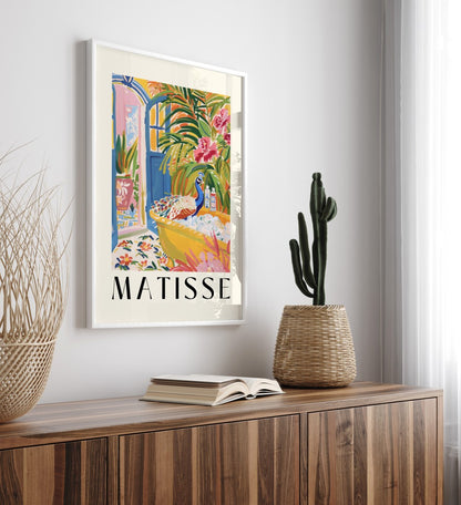 Framed tropical bathroom wall art with a majestic peacock in a yellow bathtub, inspired by Matisse’s bold style.