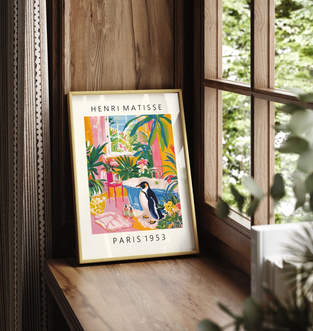 Framed art print of a penguin in a lush Henri Matisse style bathroom with tropical plants.