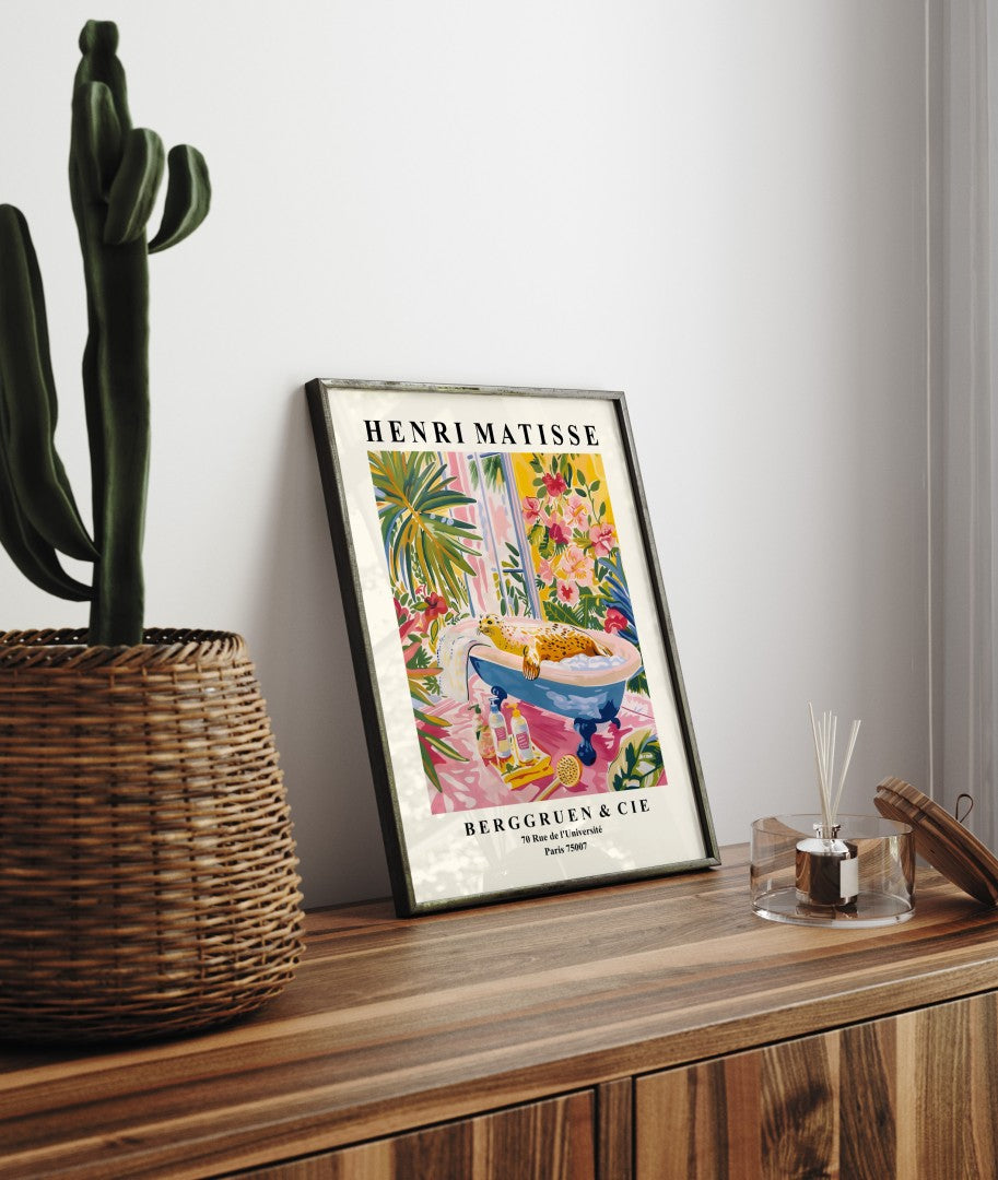 Henri Matisse bathroom wall art showing a seal in a tropical, plant filled bath setting.