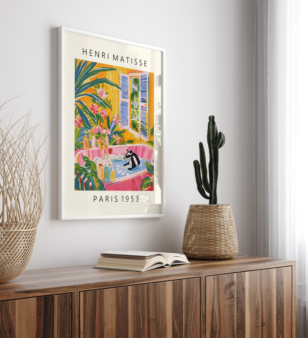 Matisse inspired framed bathroom scene with a skunk soaking in a vintage pink tub.