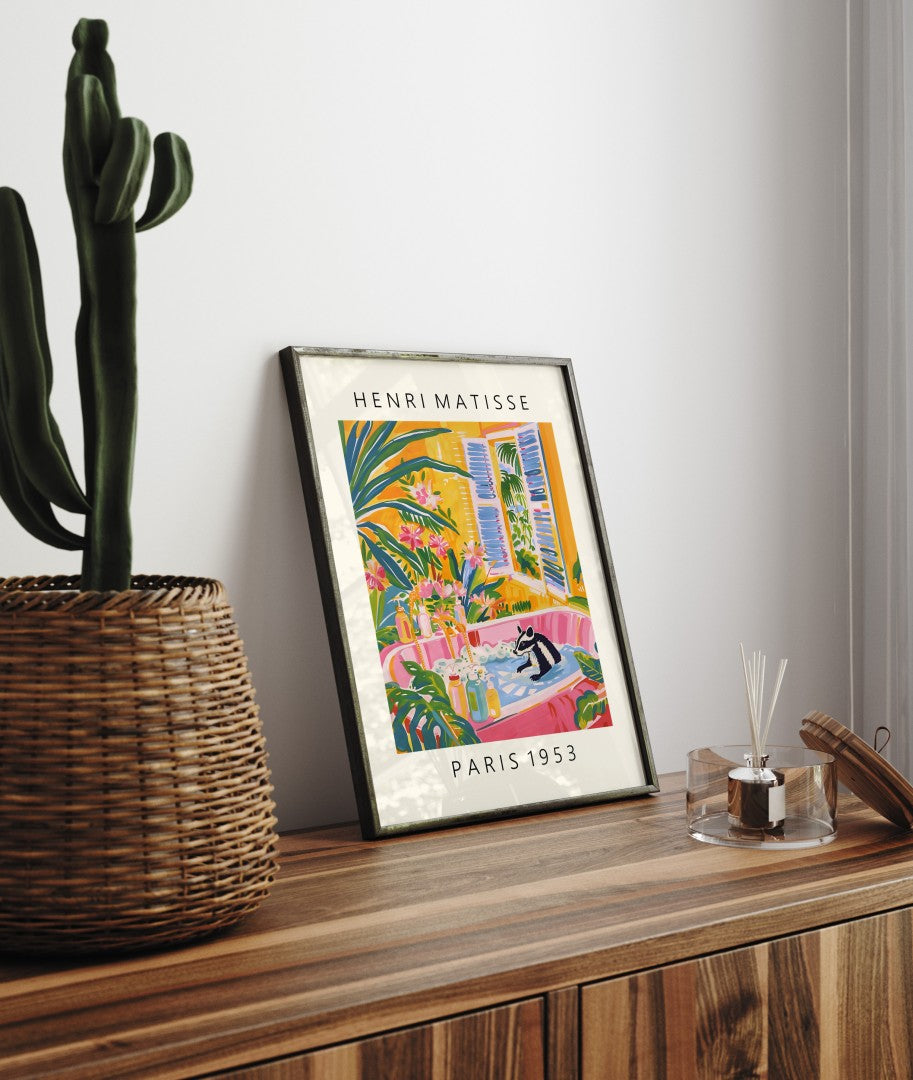 Tropical bathroom print of a skunk relaxing among flowers and greenery.