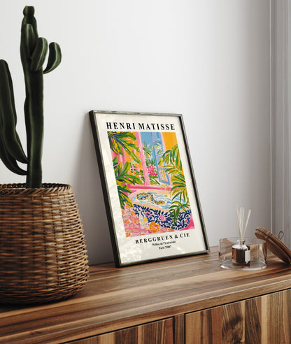 Exotic snake in a whimsical tropical bathroom scene, Matisse style.
