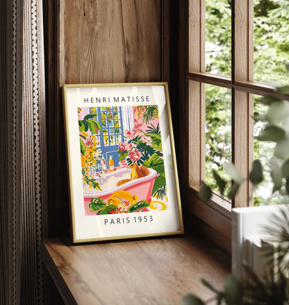 Whimsical wall art with squirrel relaxing in a vibrant floral bathroom scene.
