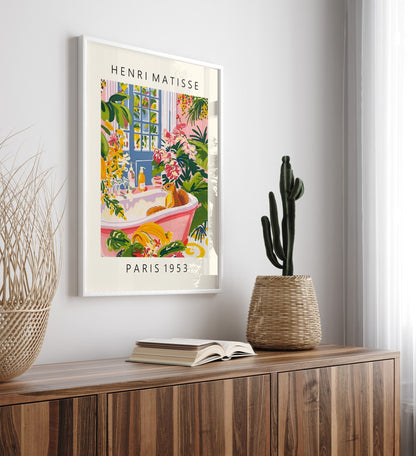 Henri Matisse style squirrel bathtub print with lush greenery and flowers.