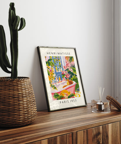 Playful squirrel in a bubble bath surrounded by colorful tropical decor.
