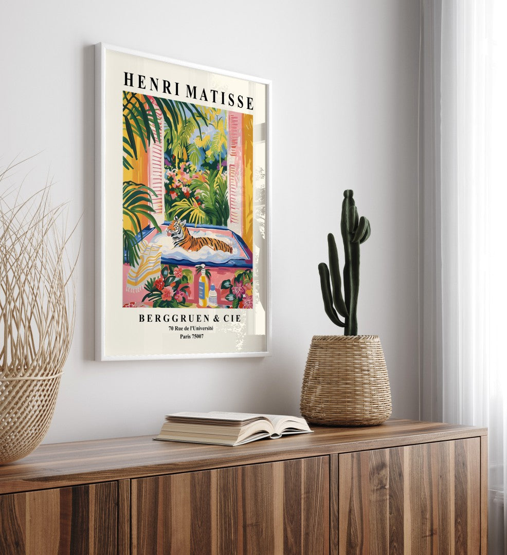 Bathroom framed art print featuring tiger lounging in tub with shutters open