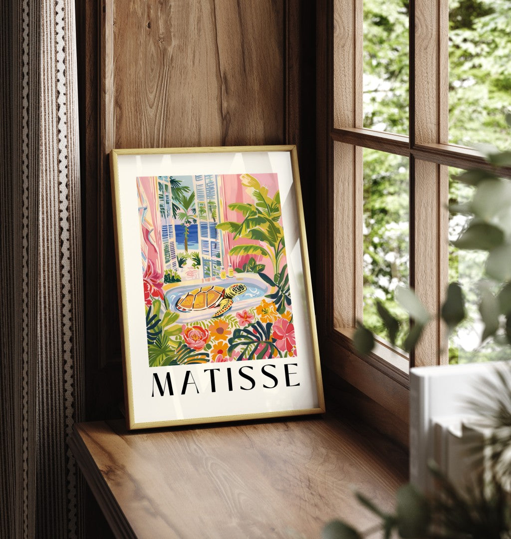 Henri Matisse inspired tropical bathroom artwork with a turtle.