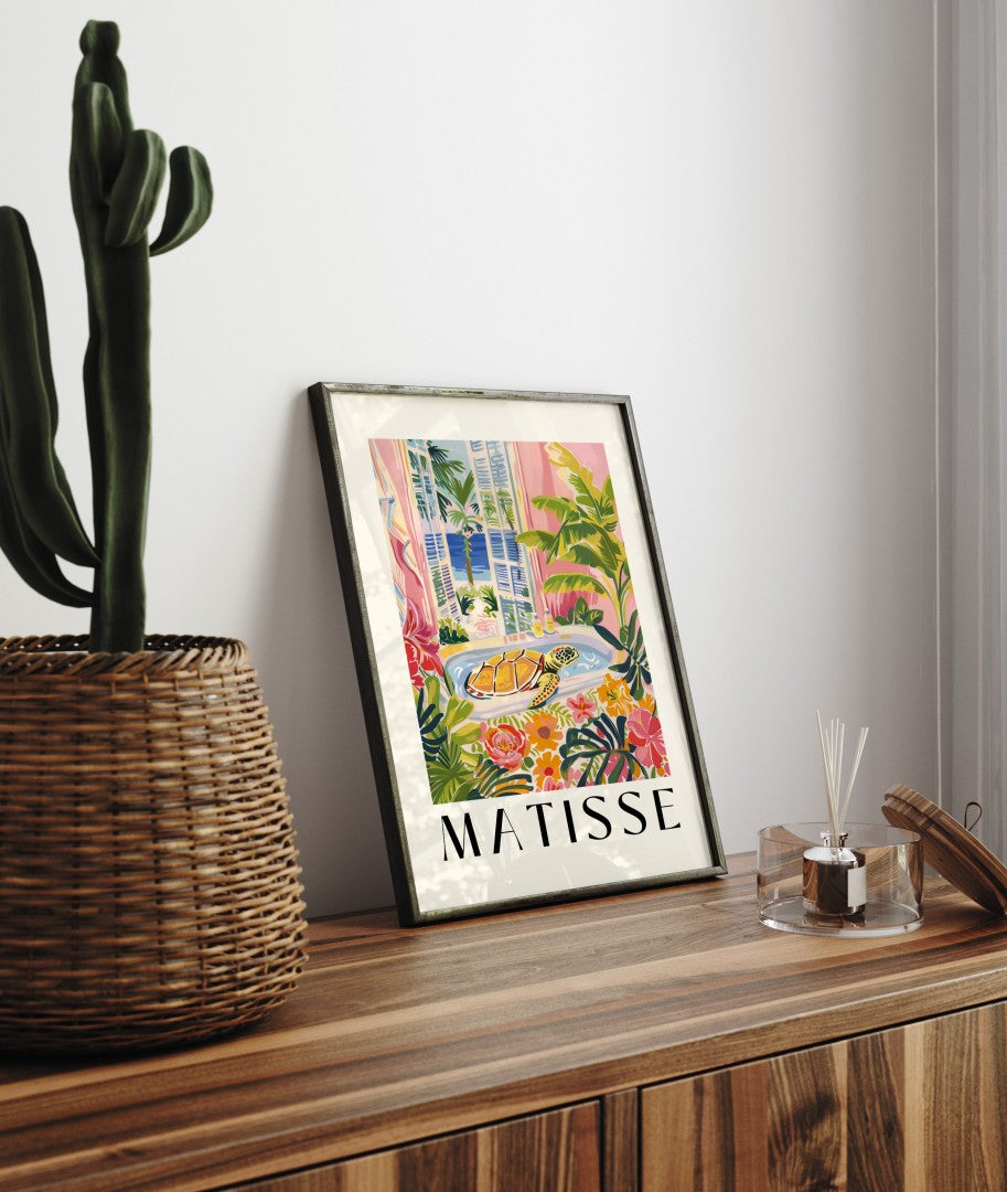 Vibrant tropical turtle art print for creative wall decor.