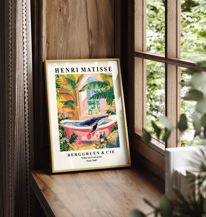Colorful tropical bathroom art print with a whale relaxing in the tub.