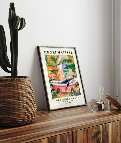 Lush tropical setting with whale in bathtub, Henri Matisse art print.