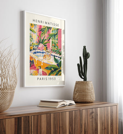 Owl bathroom print with tropical plants.