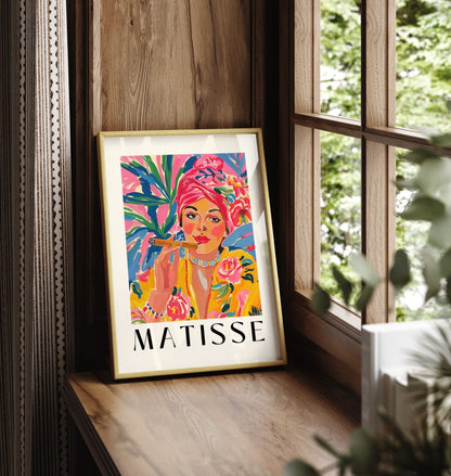 Framed wall art with colorful portrait of a woman in Matisse style