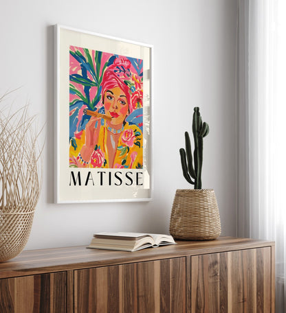 Vibrant woman portrait with floral details, framed Matisse style artwork