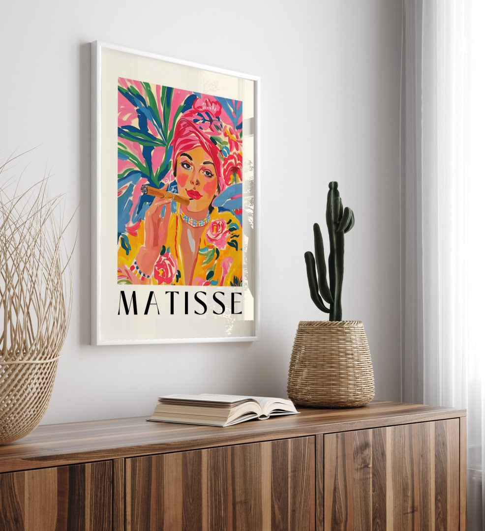 Vibrant woman portrait with floral details, framed Matisse style artwork