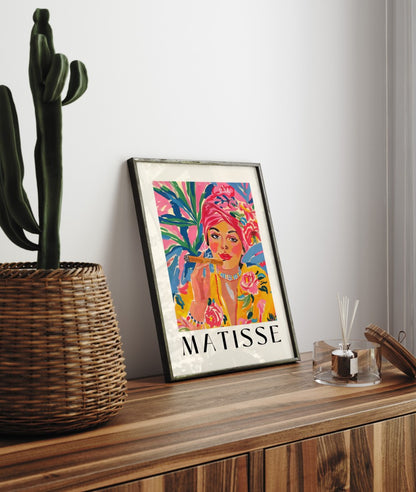 Modern Matisse style print featuring expressive female portrait in vivid tones