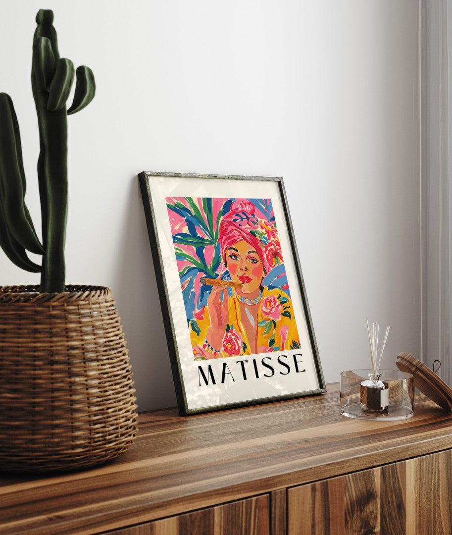 Modern Matisse style print featuring expressive female portrait in vivid tones