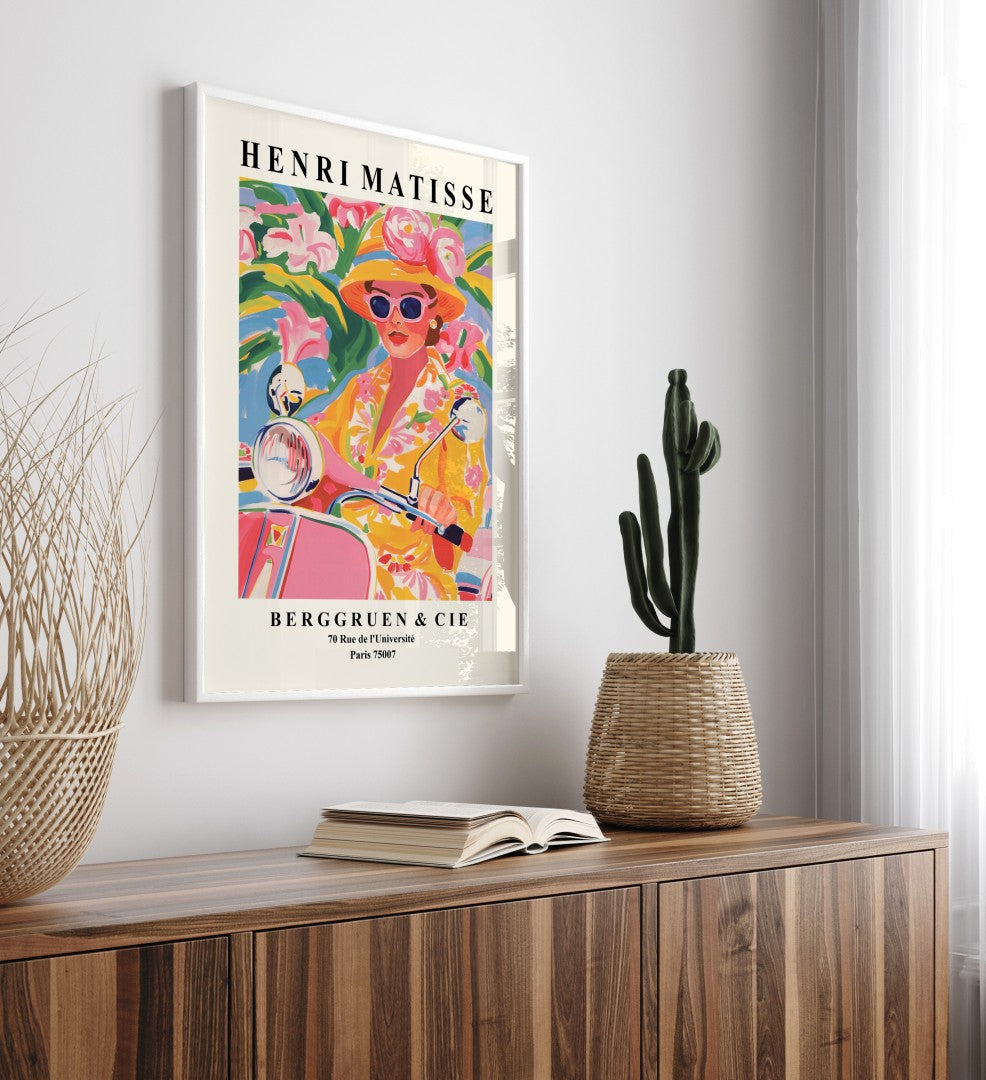Colorful portrait of a fashionable woman with sunglasses, framed artwork