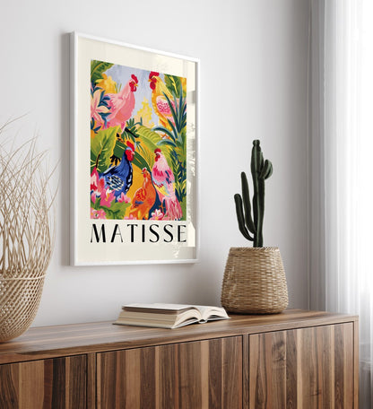 Bold rooster print in Matisse style framed for home decor.