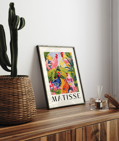 Colorful framed rooster artwork with tropical leaves and flowers.