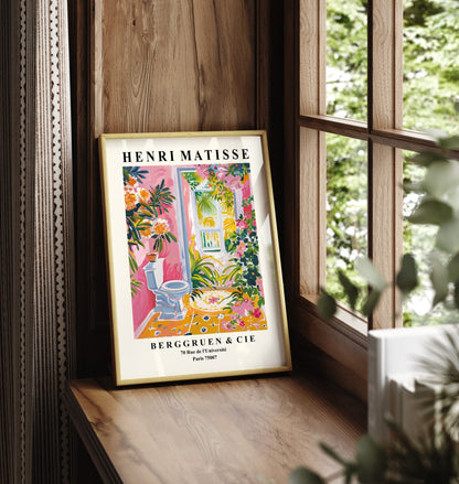 Matisse inspired framed print of a toilet with plants for bathroom decor.