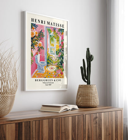 Matisse style framed bathroom art print with colorful toilet scene.