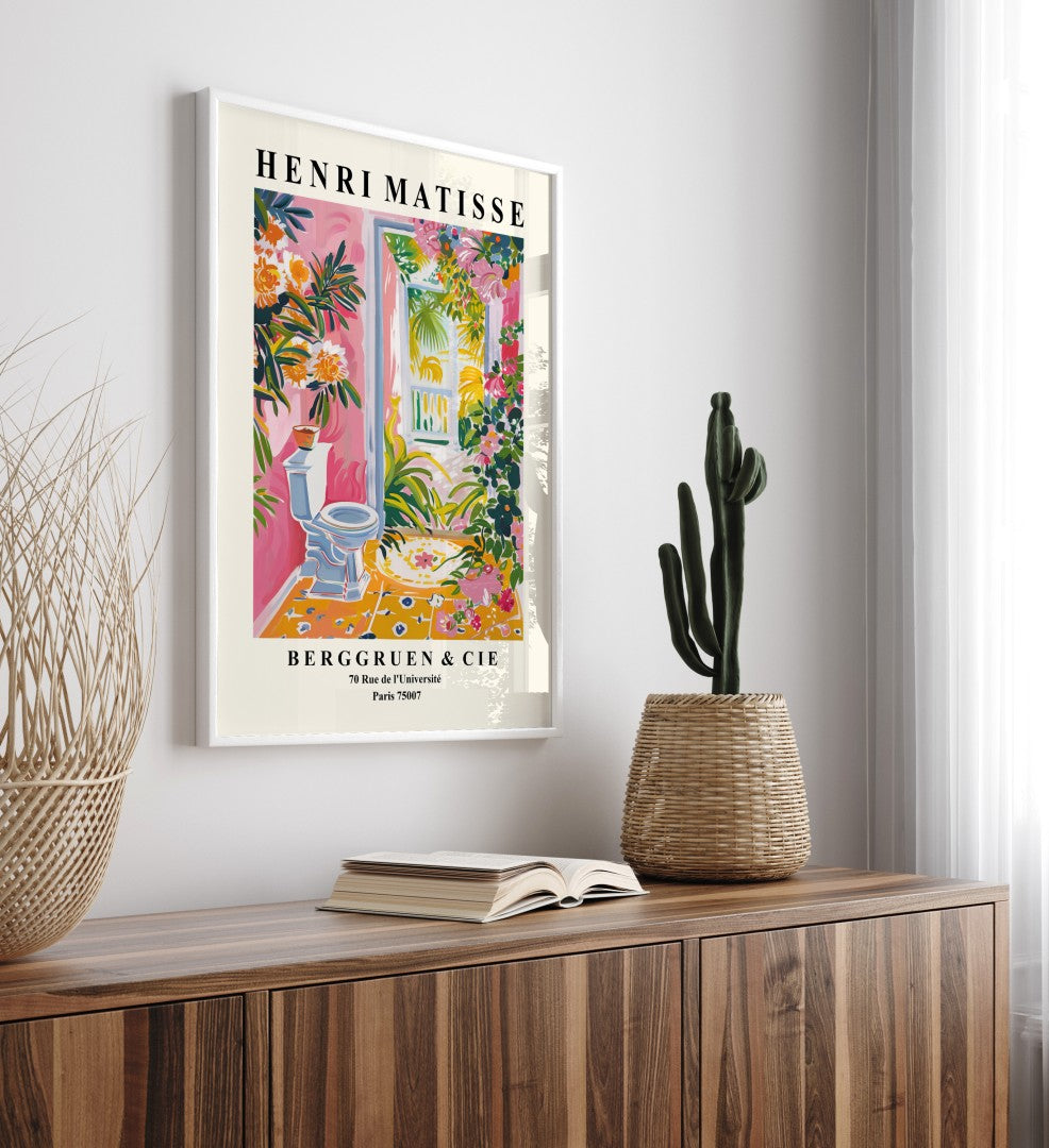Matisse style framed bathroom art print with colorful toilet scene.