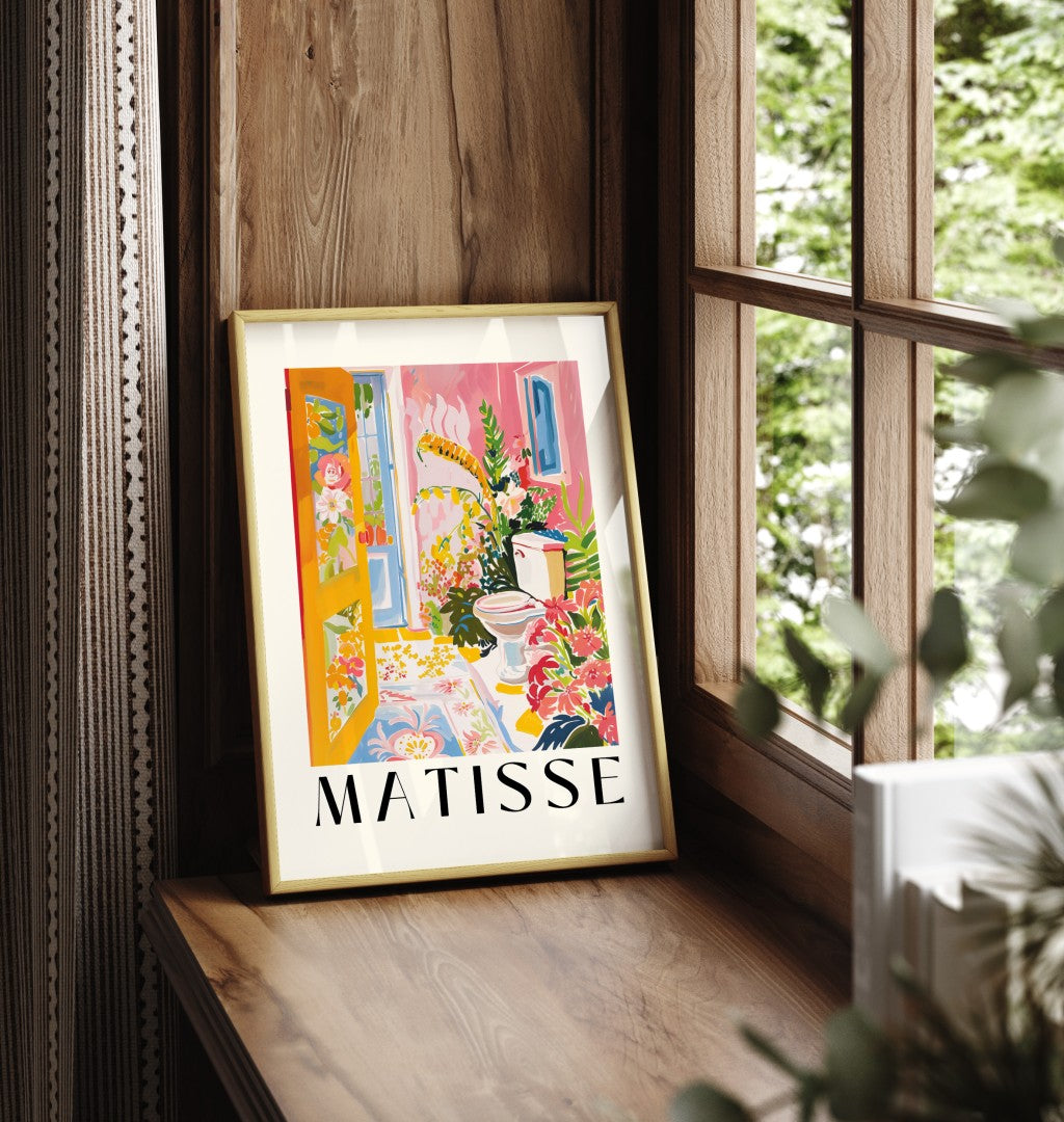 Matisse inspired framed print of a colorful toilet scene for bathroom decor.