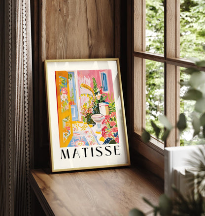Matisse inspired framed print of a colorful toilet scene for bathroom decor.