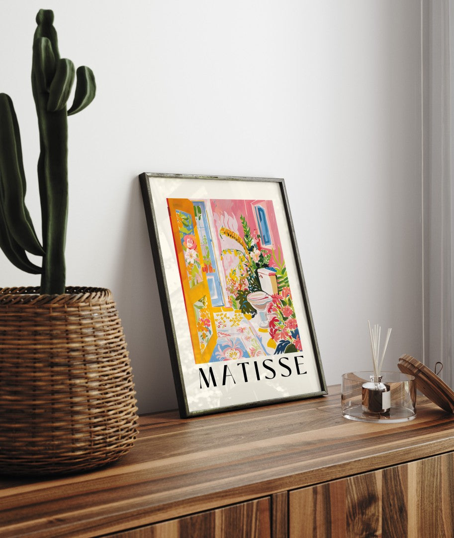 Playful Matisse inspired framed toilet artwork for bathroom wall decor.