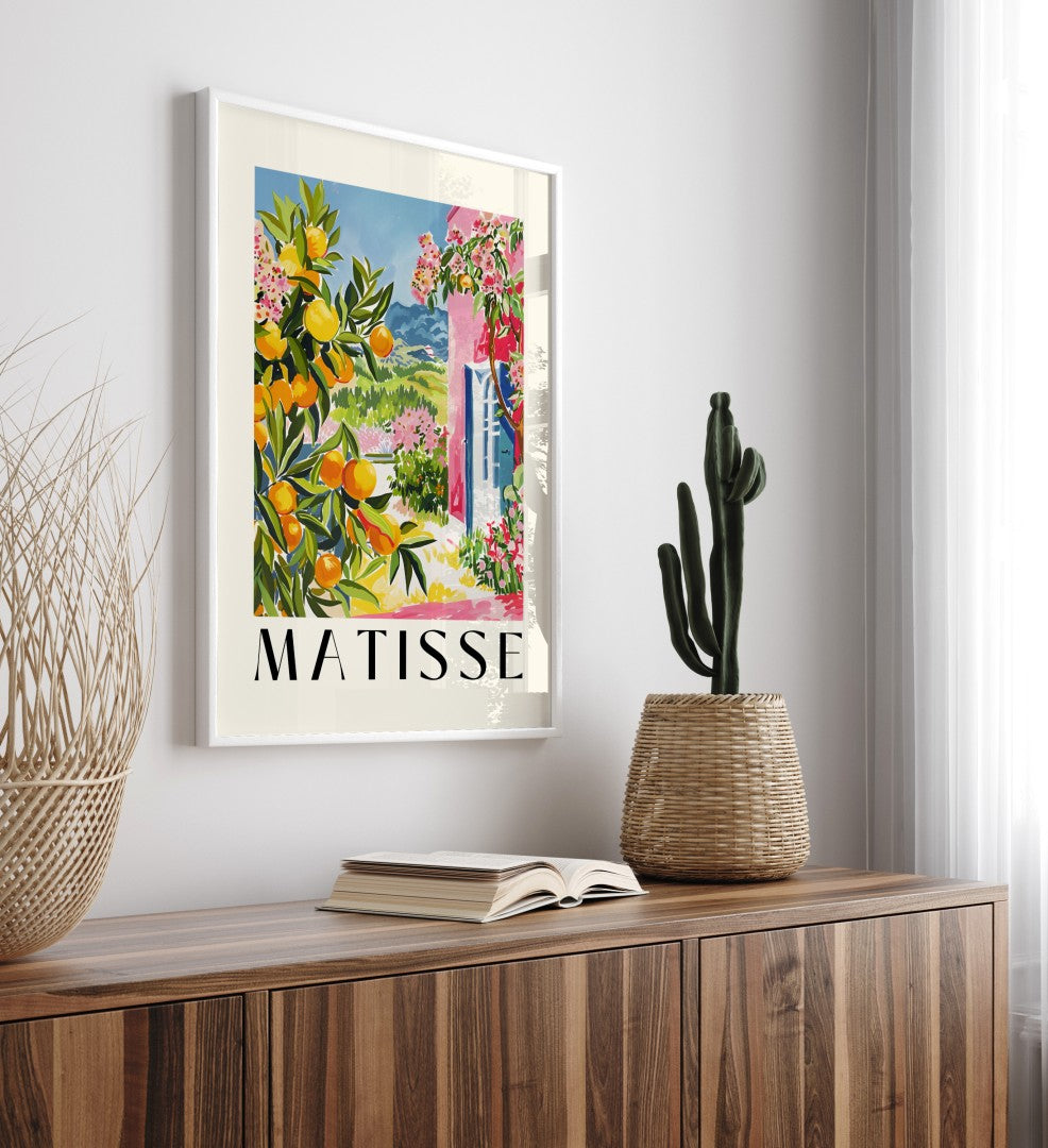 Framed citrus garden art print featuring ripe oranges, hills, and pink villa