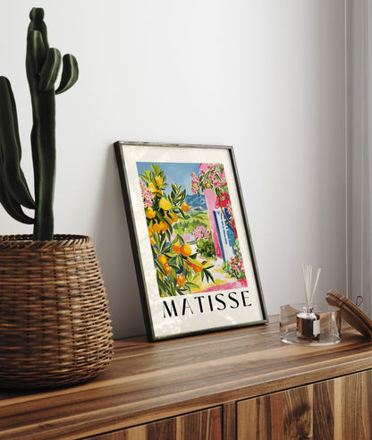 Mediterranean framed art print of citrus tree, flowers, and countryside view in Matisse colors