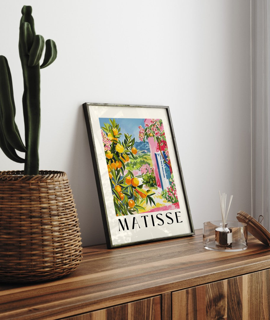 Mediterranean framed art print of citrus tree, flowers, and countryside view in Matisse colors