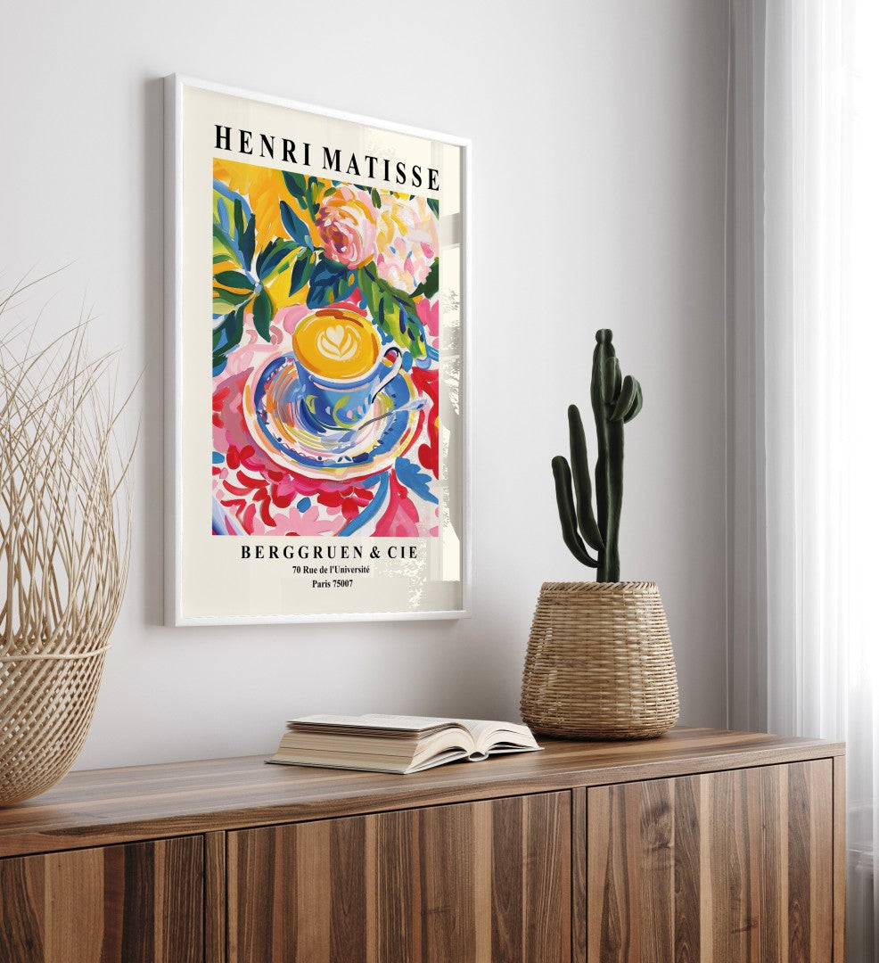 Modern Matisse inspired framed art print featuring coffee cup and saucer