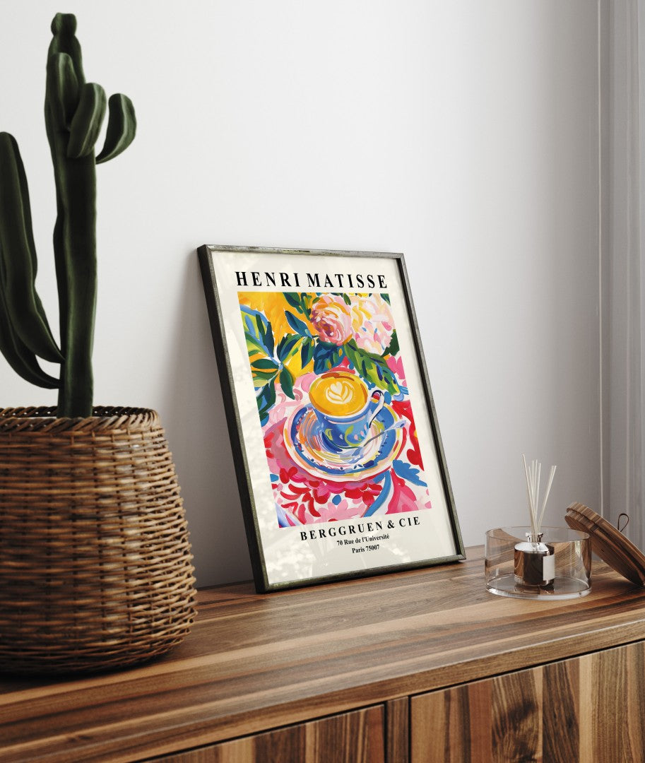 Colorful framed art print of coffee cup with latte art in Henri Matisse style