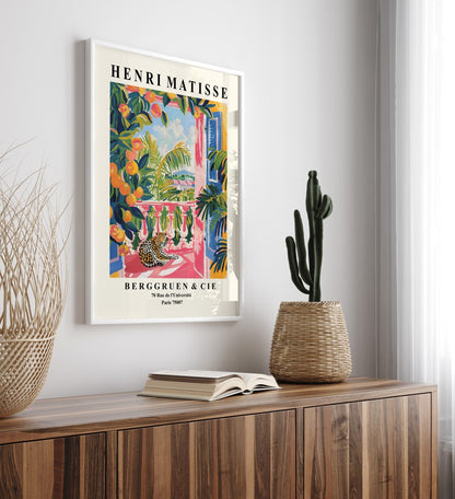 Exotic leopard framed art print with tropical plants in bold colors