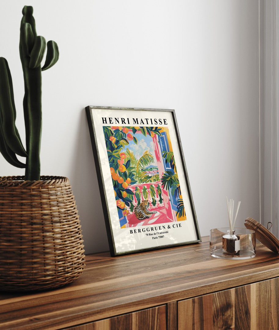 Colorful Henri Matisse inspired framed art print of leopard on balcony