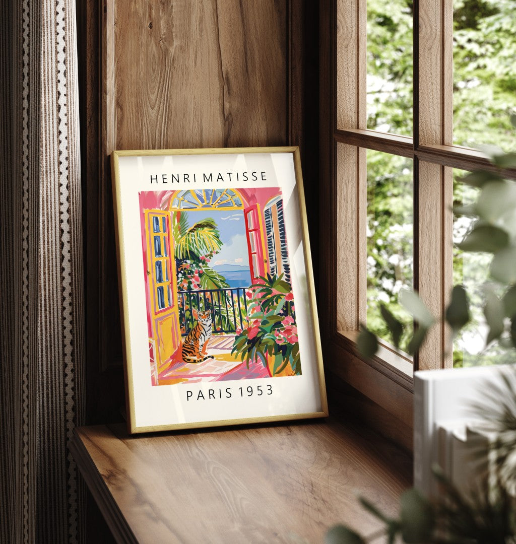 Framed tiger art print in Matisse style with balcony and tropical plants