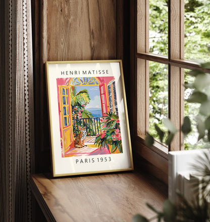 Framed tiger art print in Matisse style with balcony and tropical plants