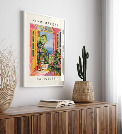Exotic tiger framed art print in colorful tropical balcony scene