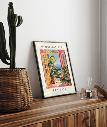 Colorful Henri Matisse inspired framed art print of tiger on balcony
