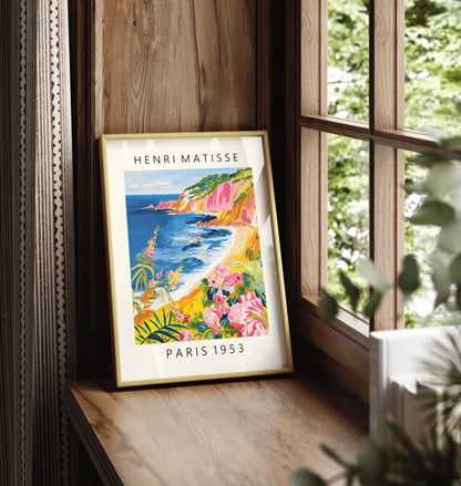 Matisse inspired coastal landscape art print with sea and cliffs