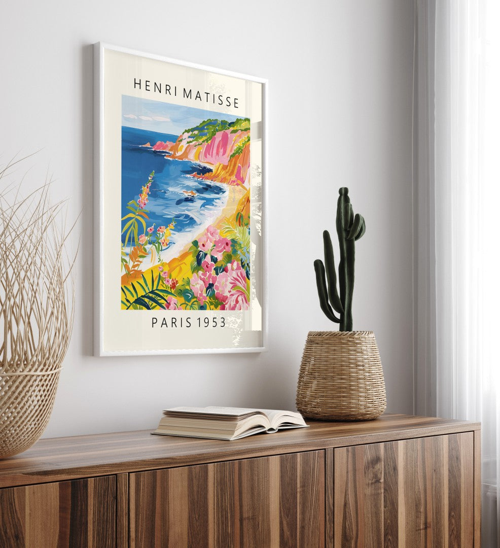 Framed art print showing colorful seaside cliffs and ocean waves