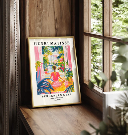 Framed Matisse style art print with woman doing yoga in colorful interior
